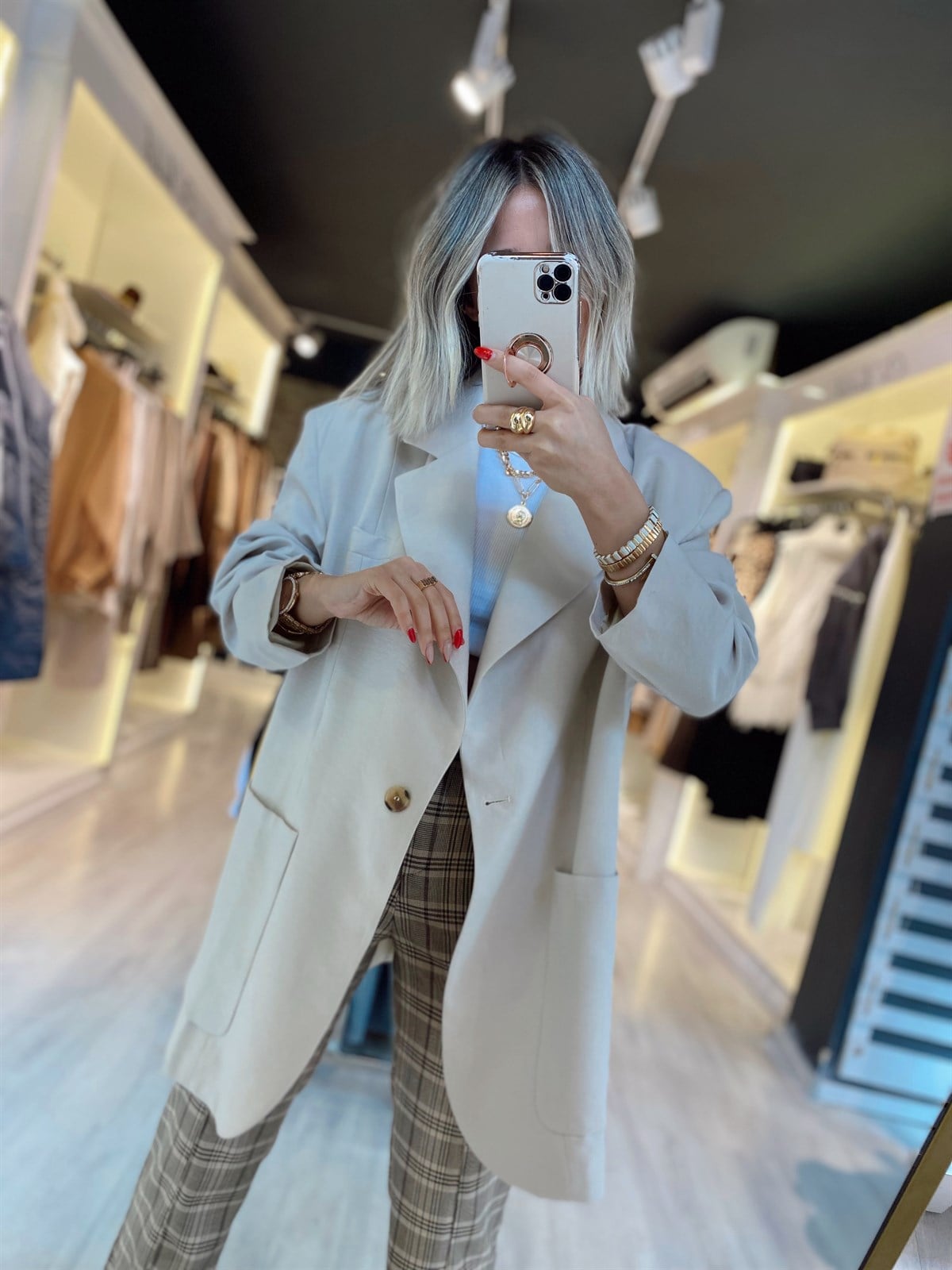 Taş Rengi Vatkalı Çift Cepli Oversize Ceket 