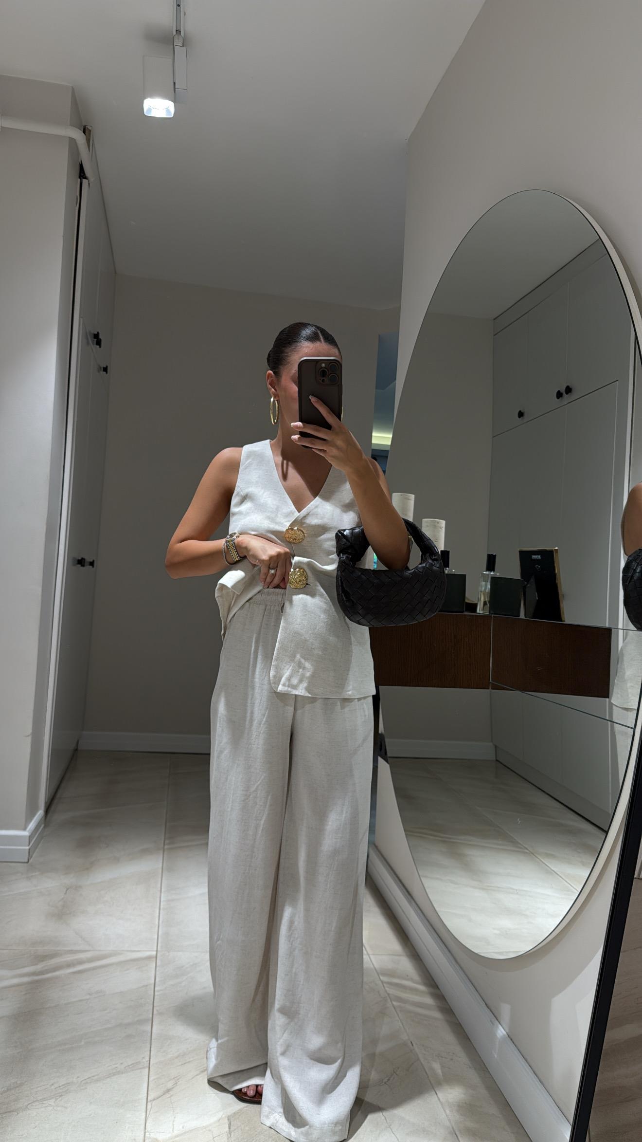 Taş Renk Arka Çift Cepli Keten Pantolon 