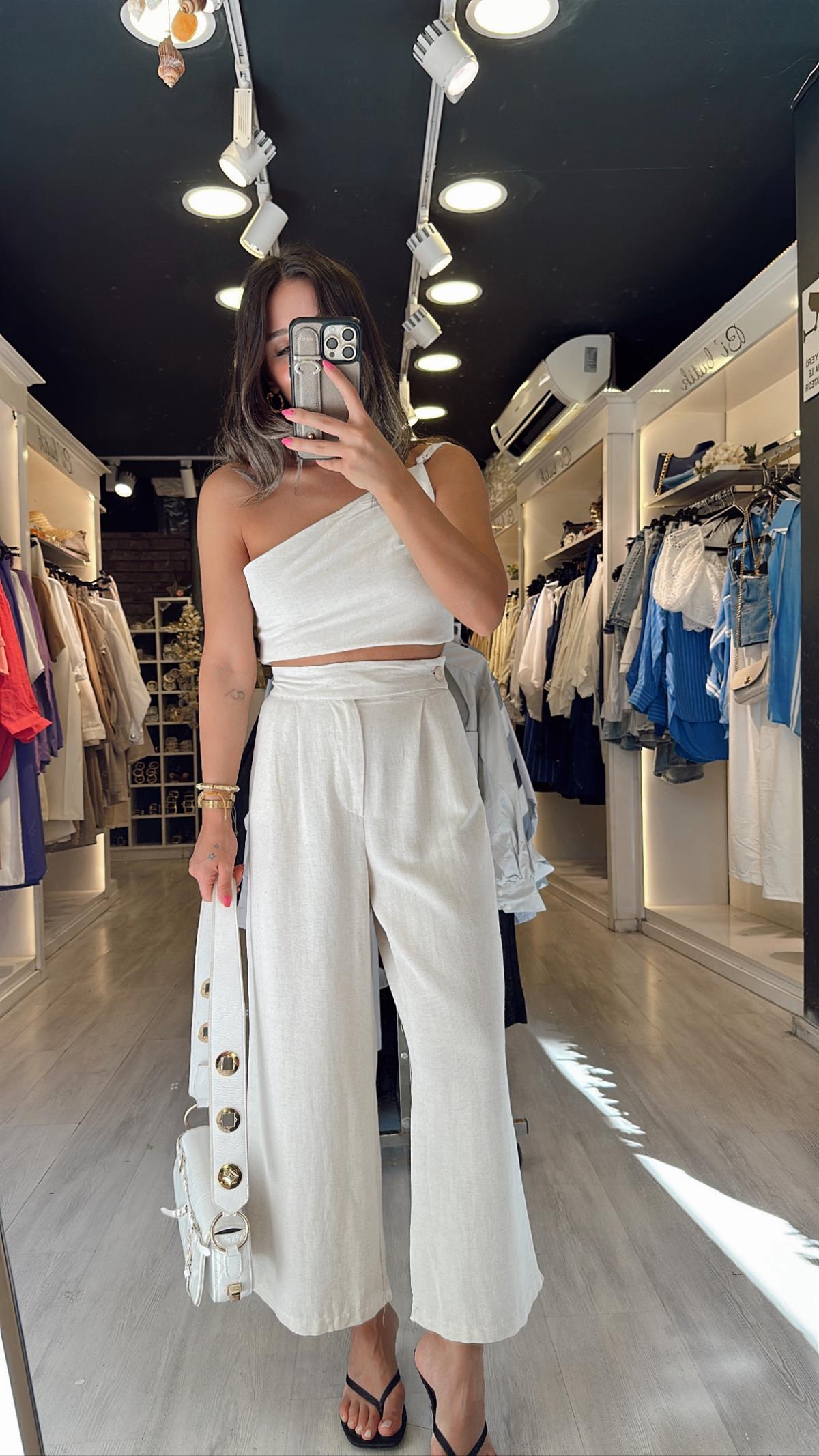 Taş Renk Askılı Bluz Keten Pantolon Takım