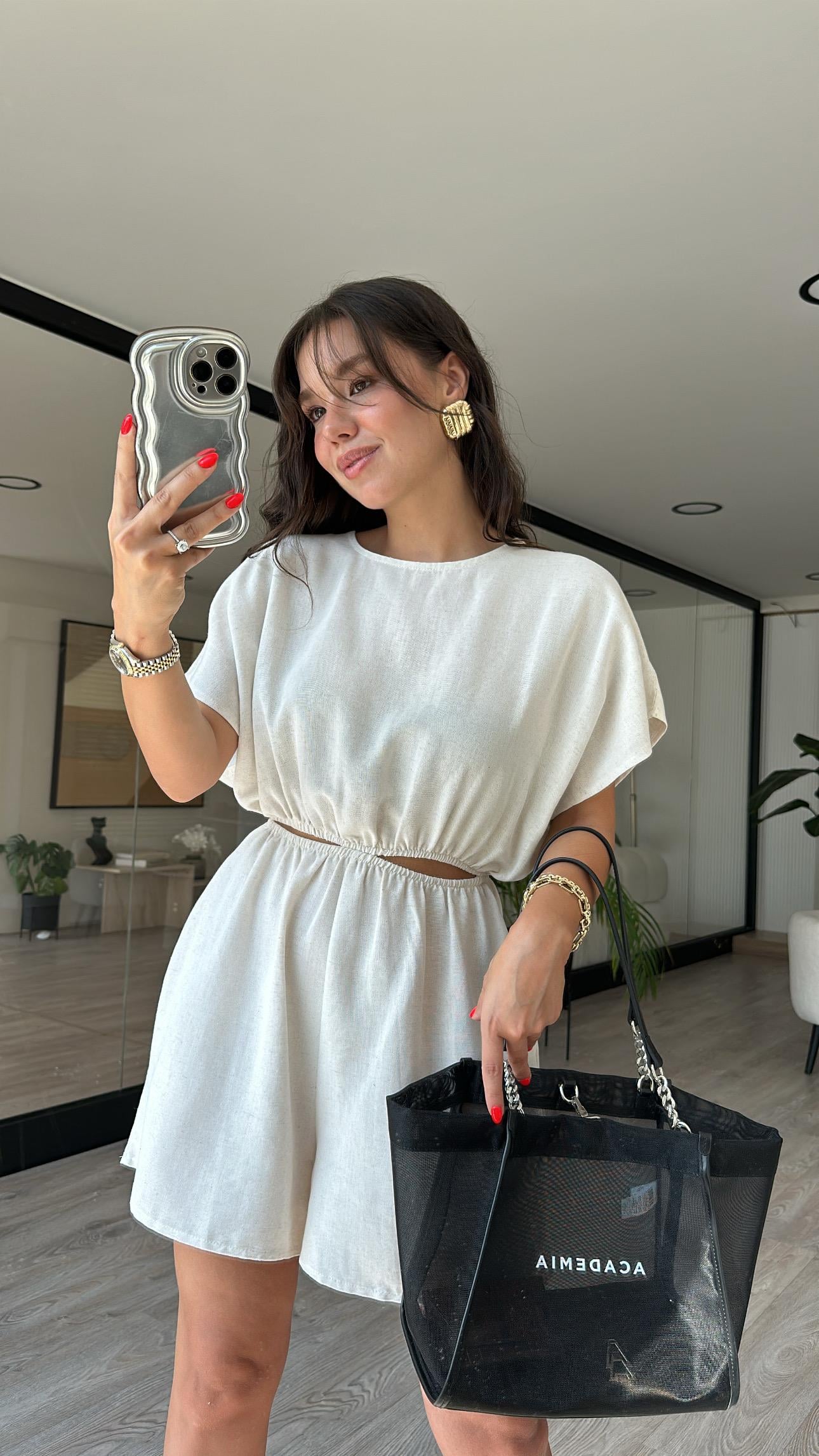 Taş Renk Bel Dekolteli Keten Tulum 