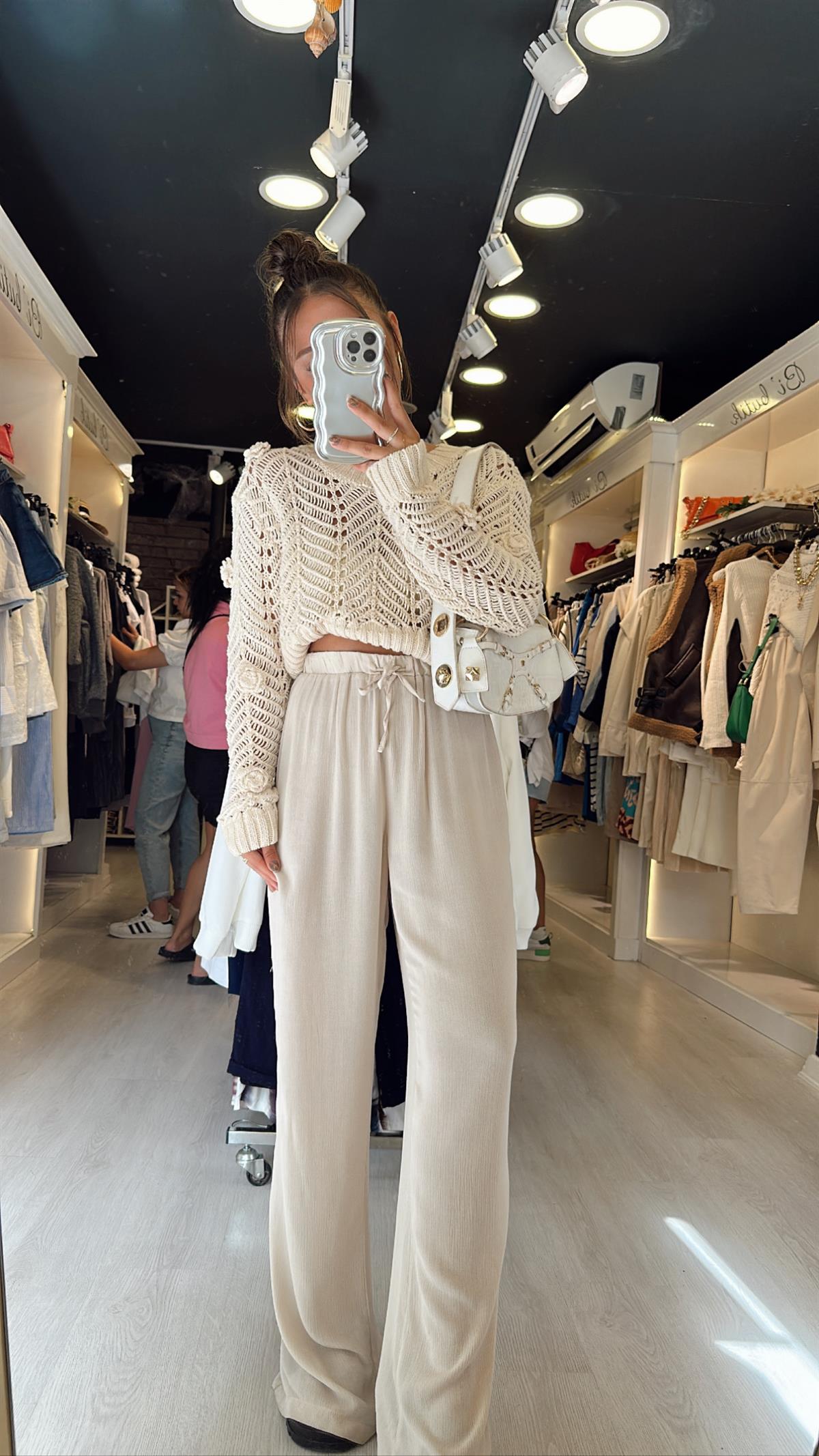 Taş Renk Beli Lastikli Bol Paça Pantolon 