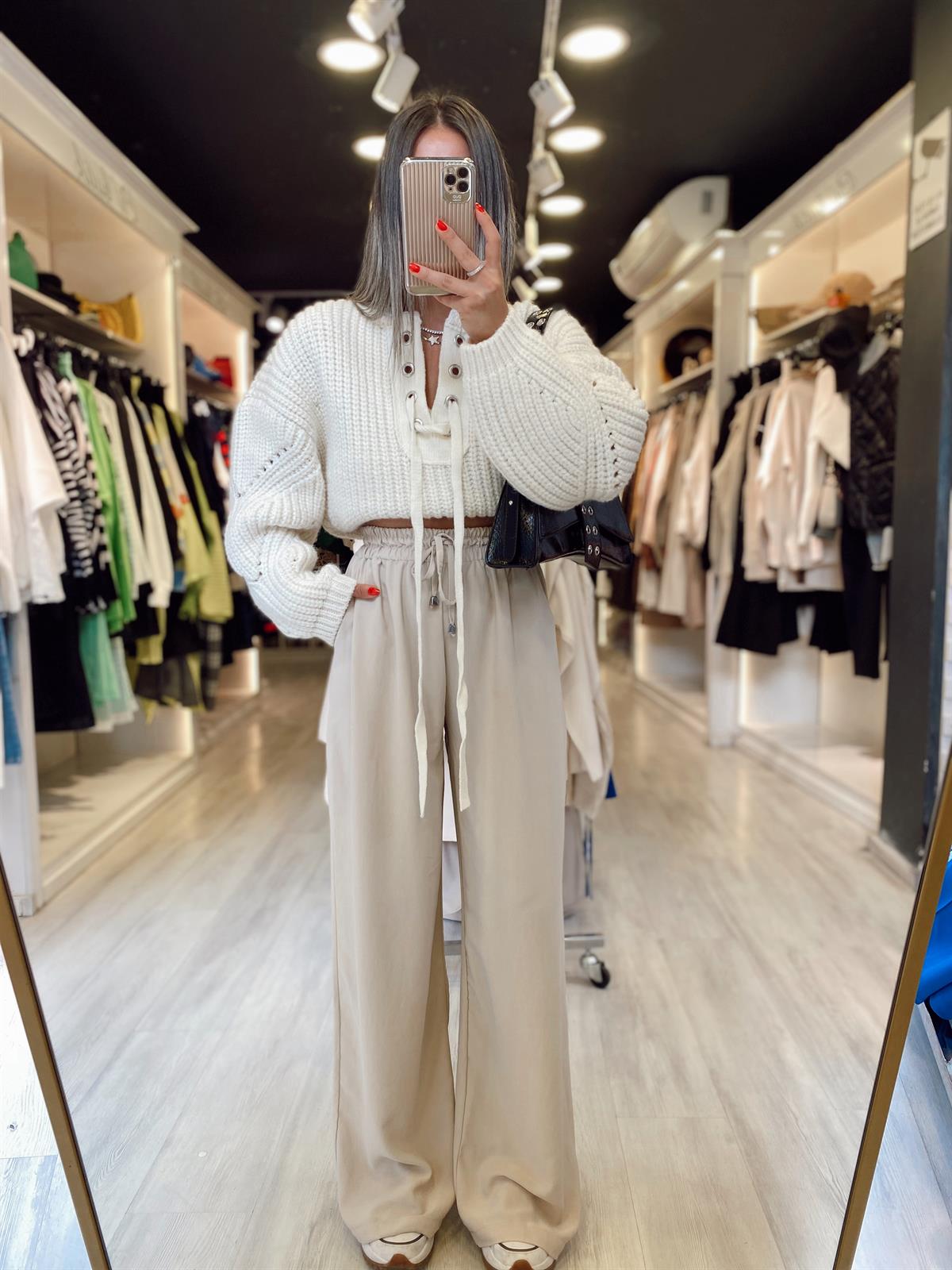 Taş Renk Beli Lastikli Saten Bol Pantolon