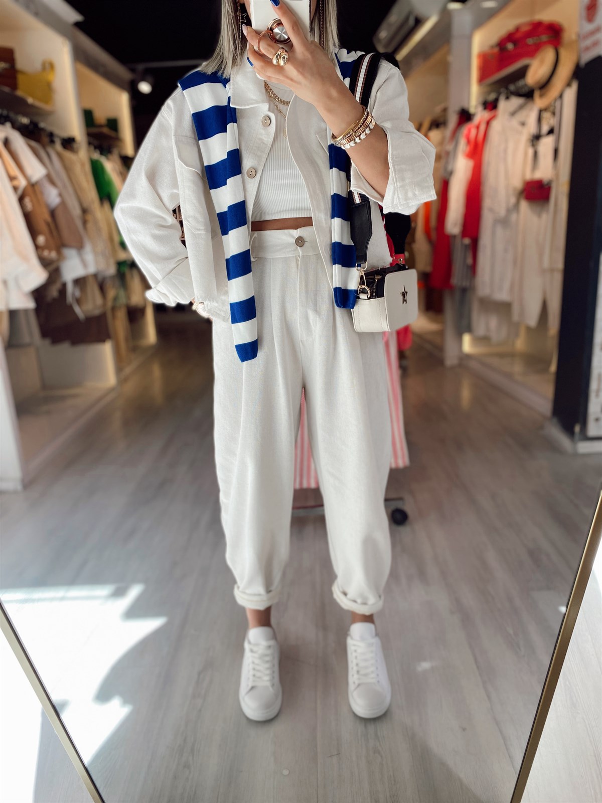 Taş Renk Çift Cepli Ceketli Keten Takım