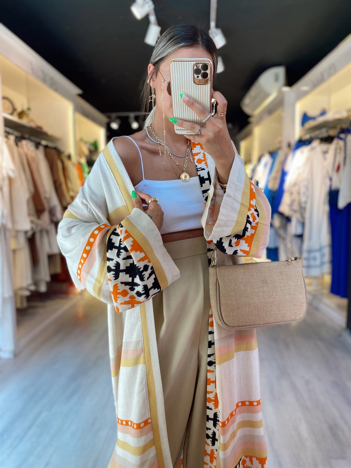 Taş Renk Desenli Keten Kimono