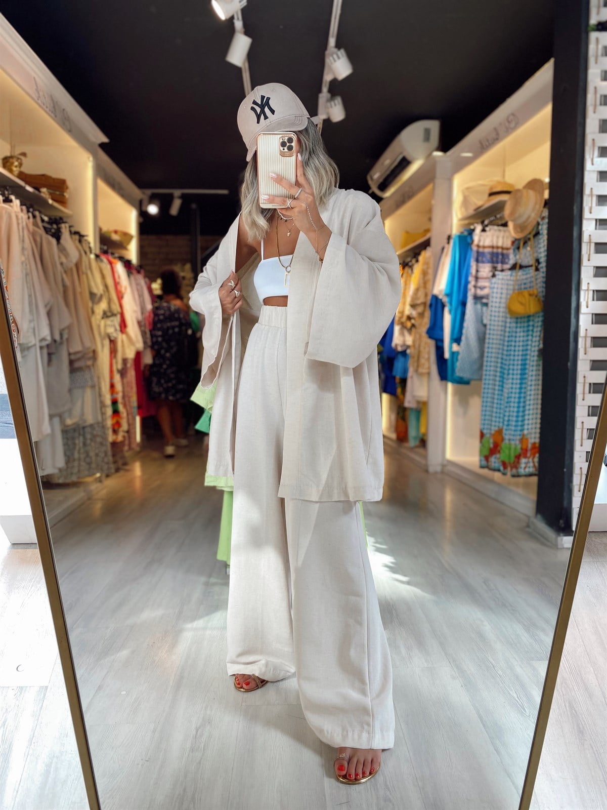 Taş Renk Keten Kimonolu Takım