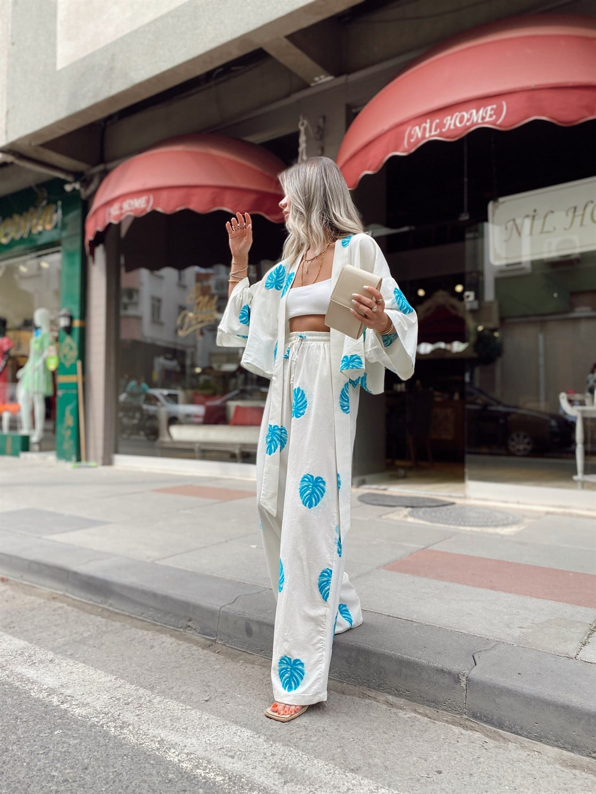 Taş Renk Turkuaz Yaprak Desenli Kısa Kimono Takım