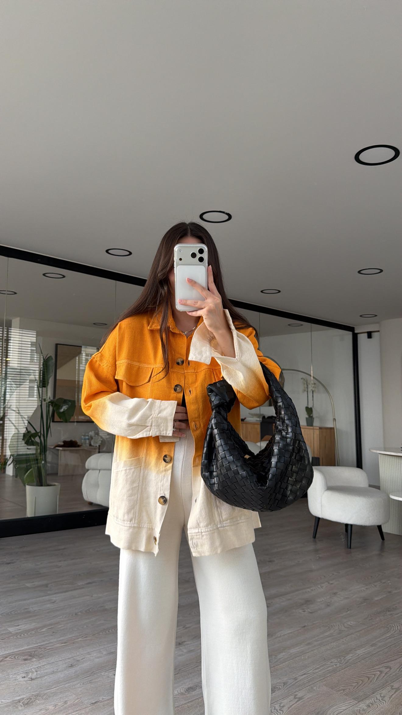 Turuncu Bej Geçişli Düğmeli Keten Ceket 