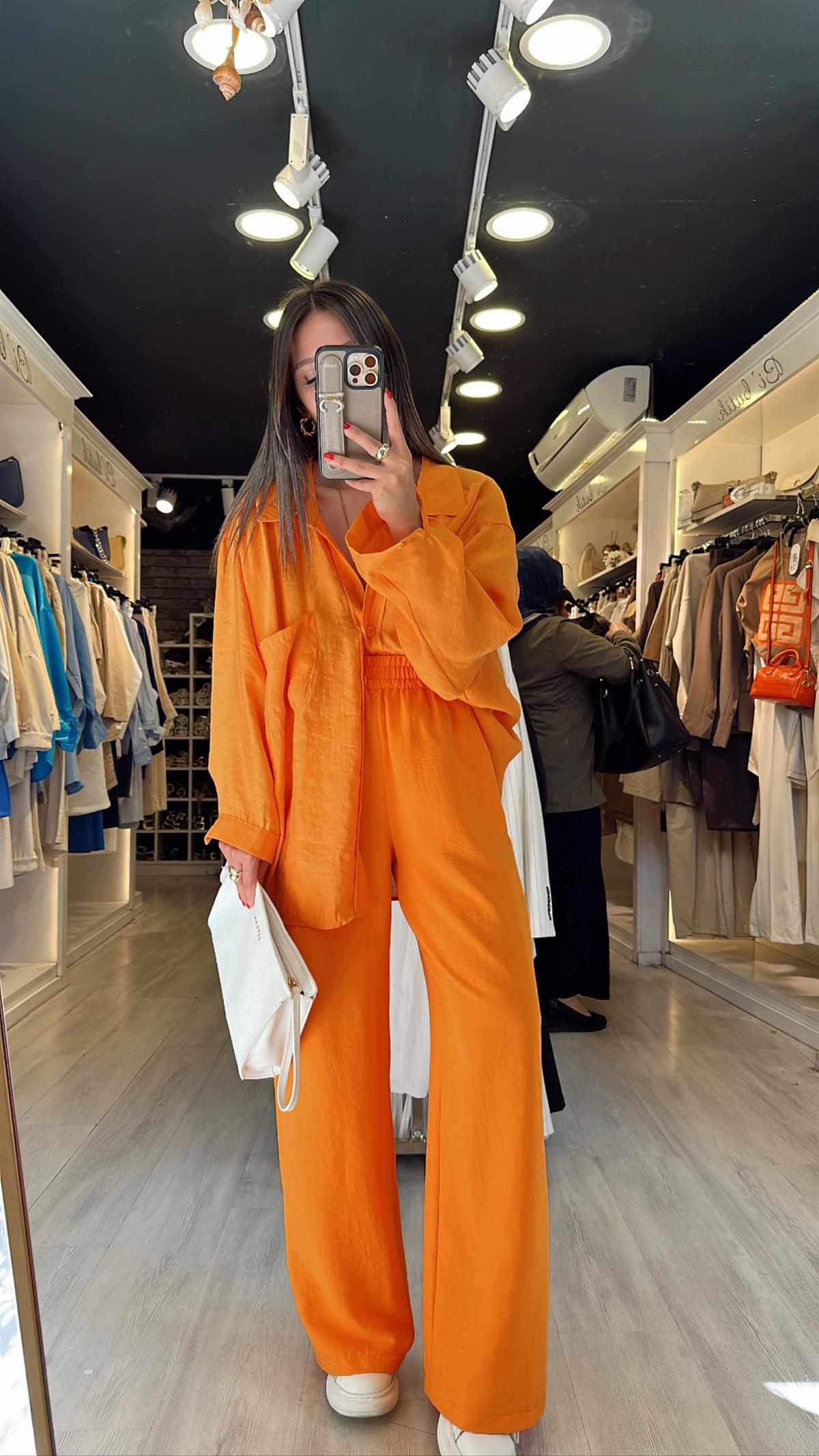 Turuncu Beli Lastikli Tensel Bol Paça Pantolon