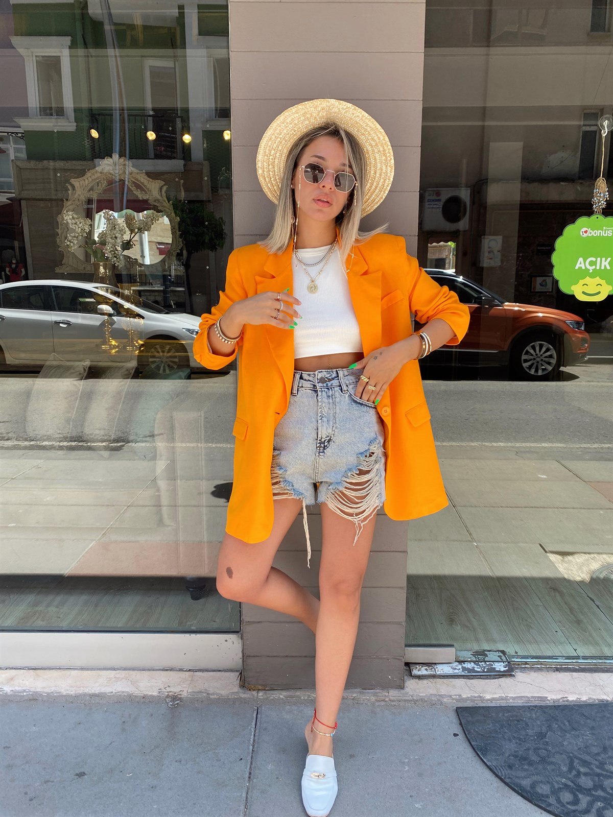 Turuncu Cep Detaylı Tek Düğmeli Keten Blazer Ceket 