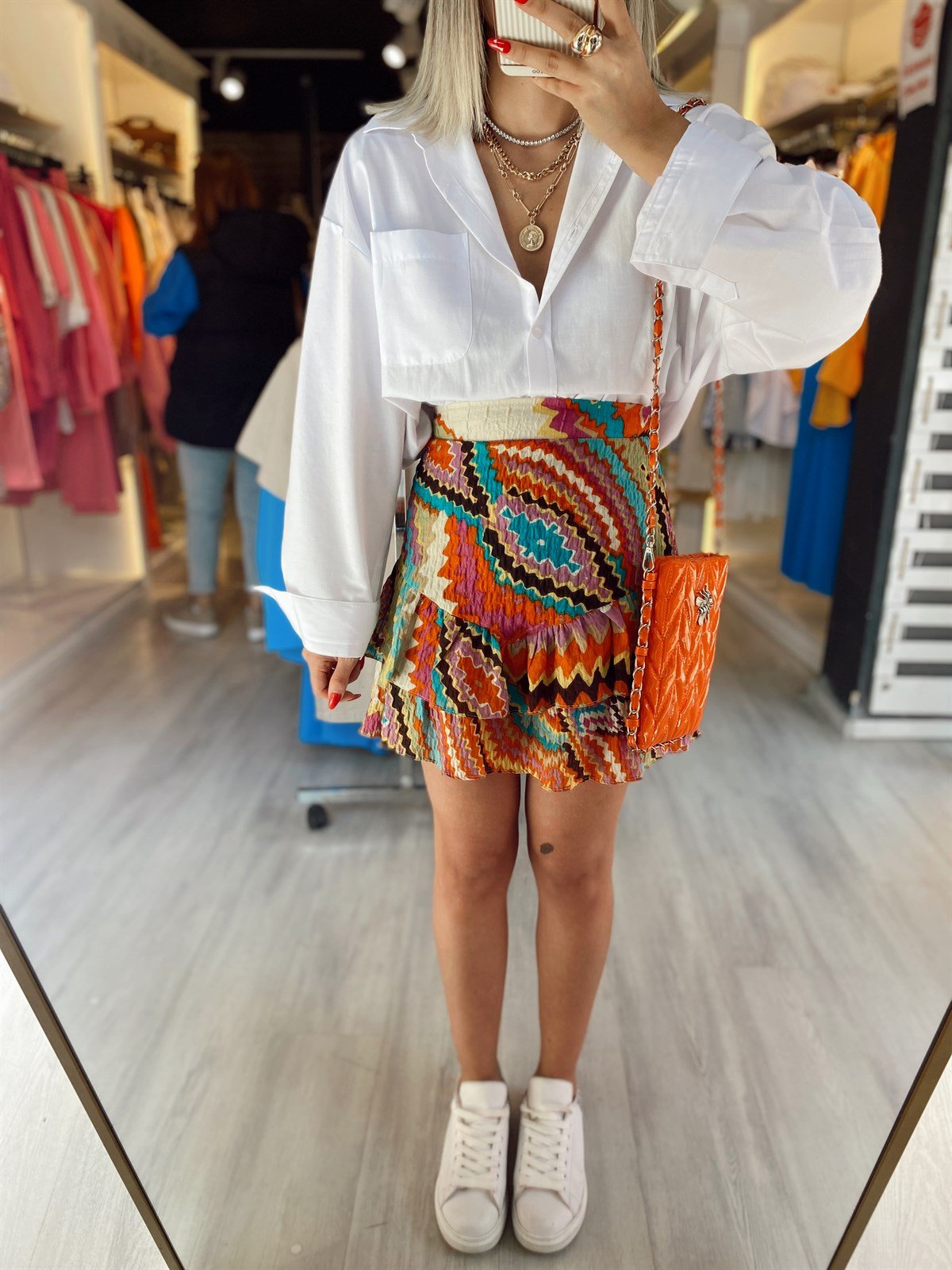 Turuncu Fırfırlı Renk Geçişli Etek