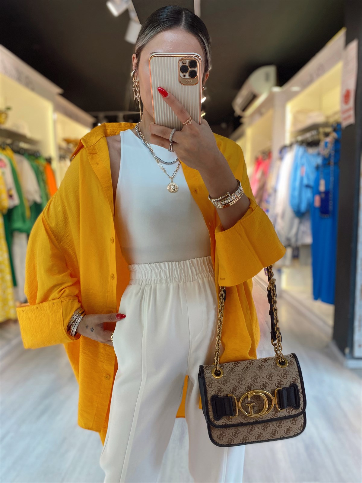 Turuncu Kol Duğme Detaylı Oversize Gömlek