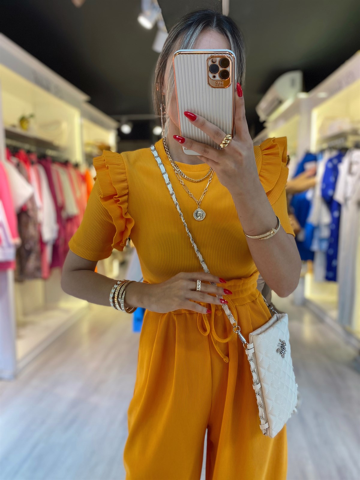 Turuncu Kolları Fırfırlı Fitilli Bluz