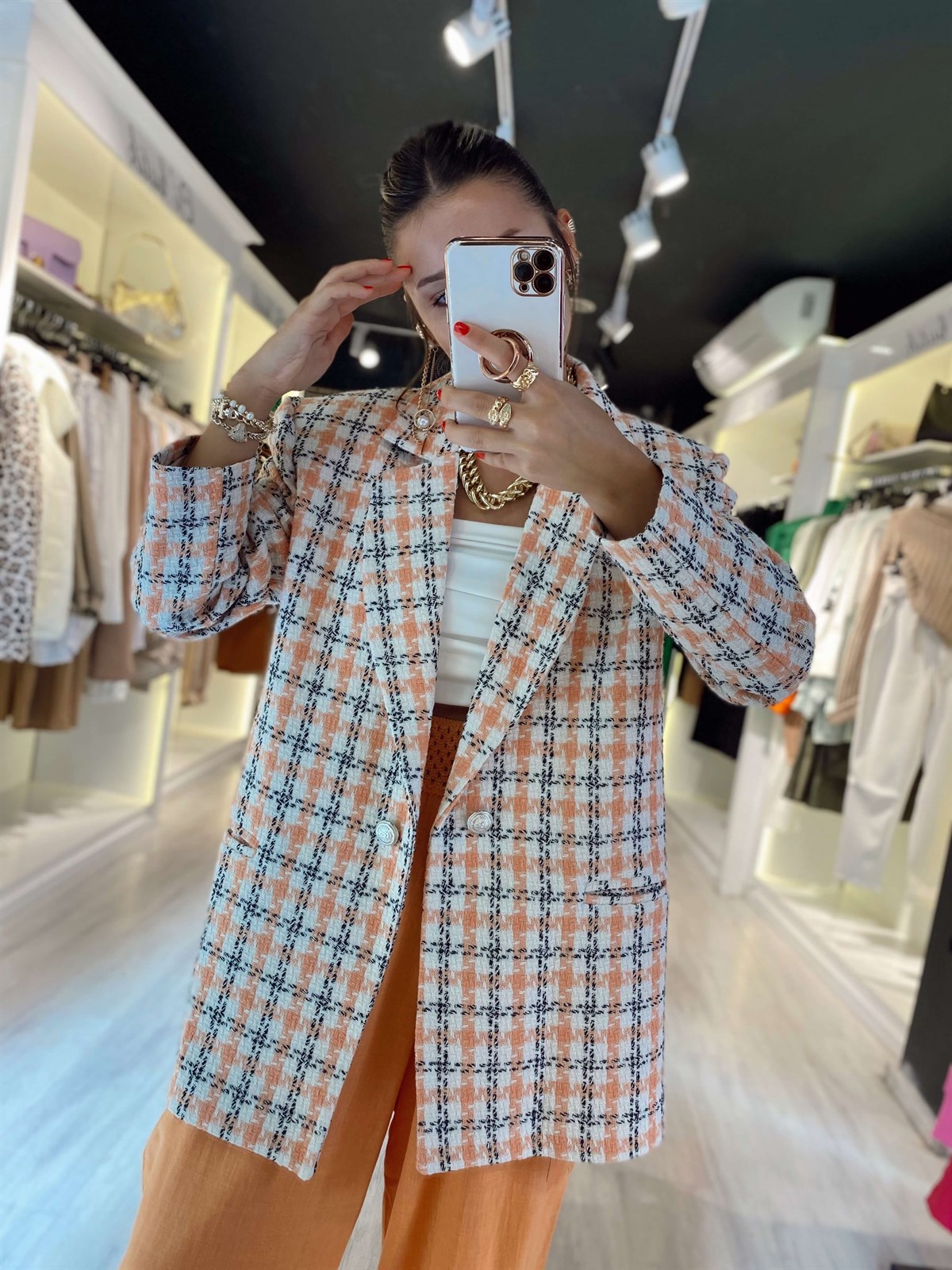 Turuncu Krem Ekose Ceket