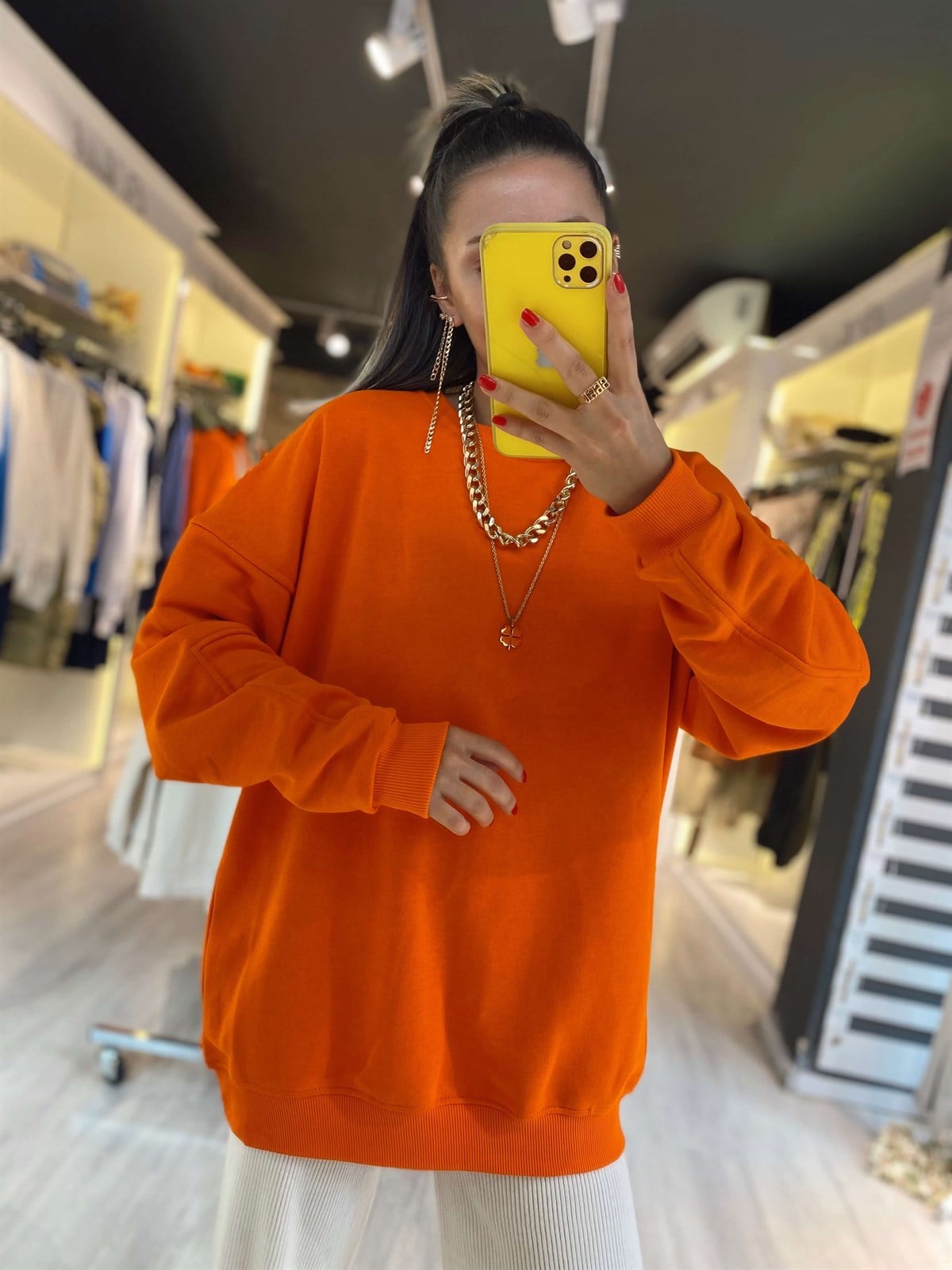 Turuncu Rengi Ravi Oversize Basic Sweat