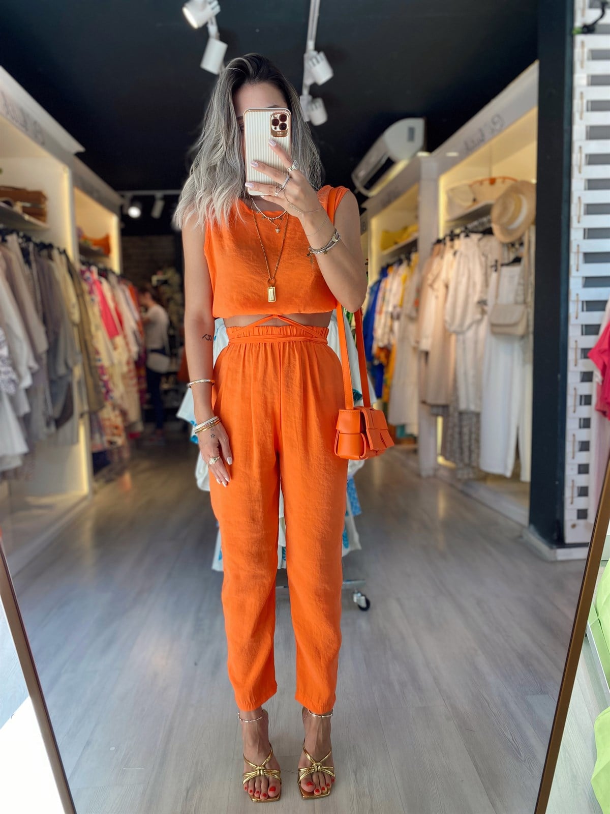 Turuncu Sıfır Kol Bel Bağlamalı Takım