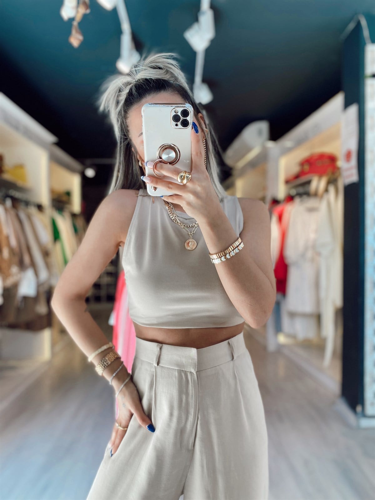 Vizon Bisiklet Yaka Pamuklu Crop Tshirt 