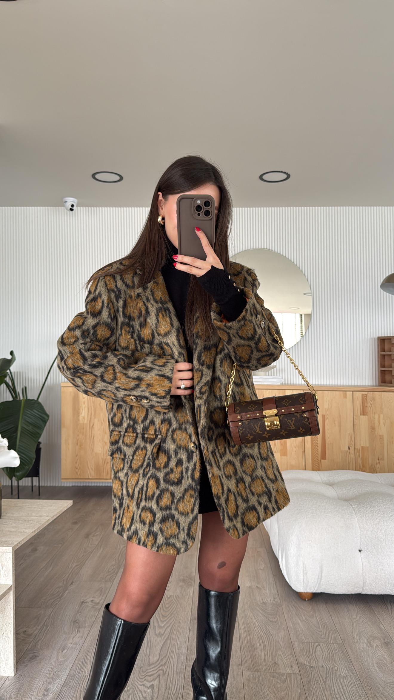 Vizon Leopar Desen Çift Cepli Ceket