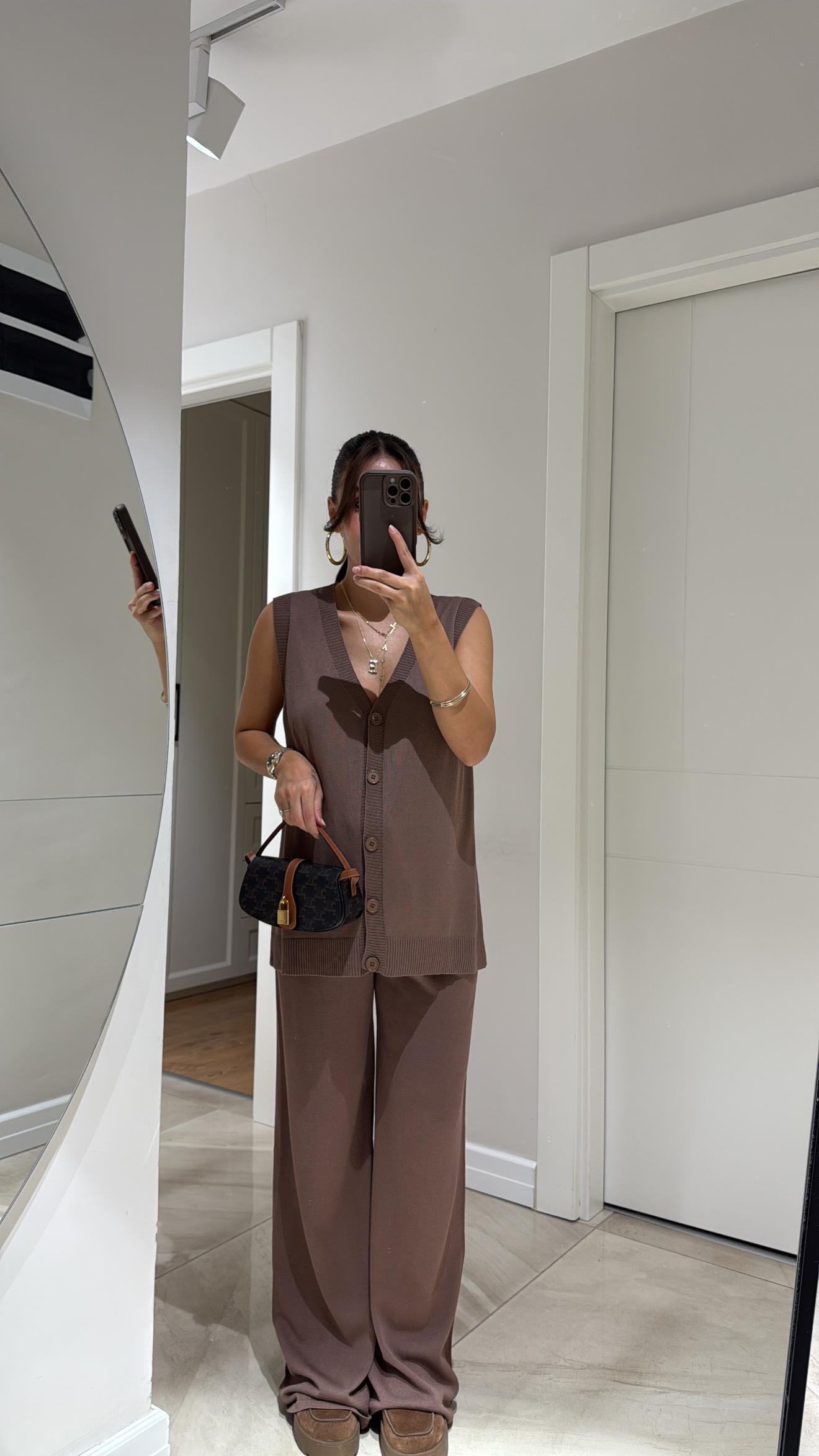 Vizon Ön Düğmeli Yelekli Örme Takım