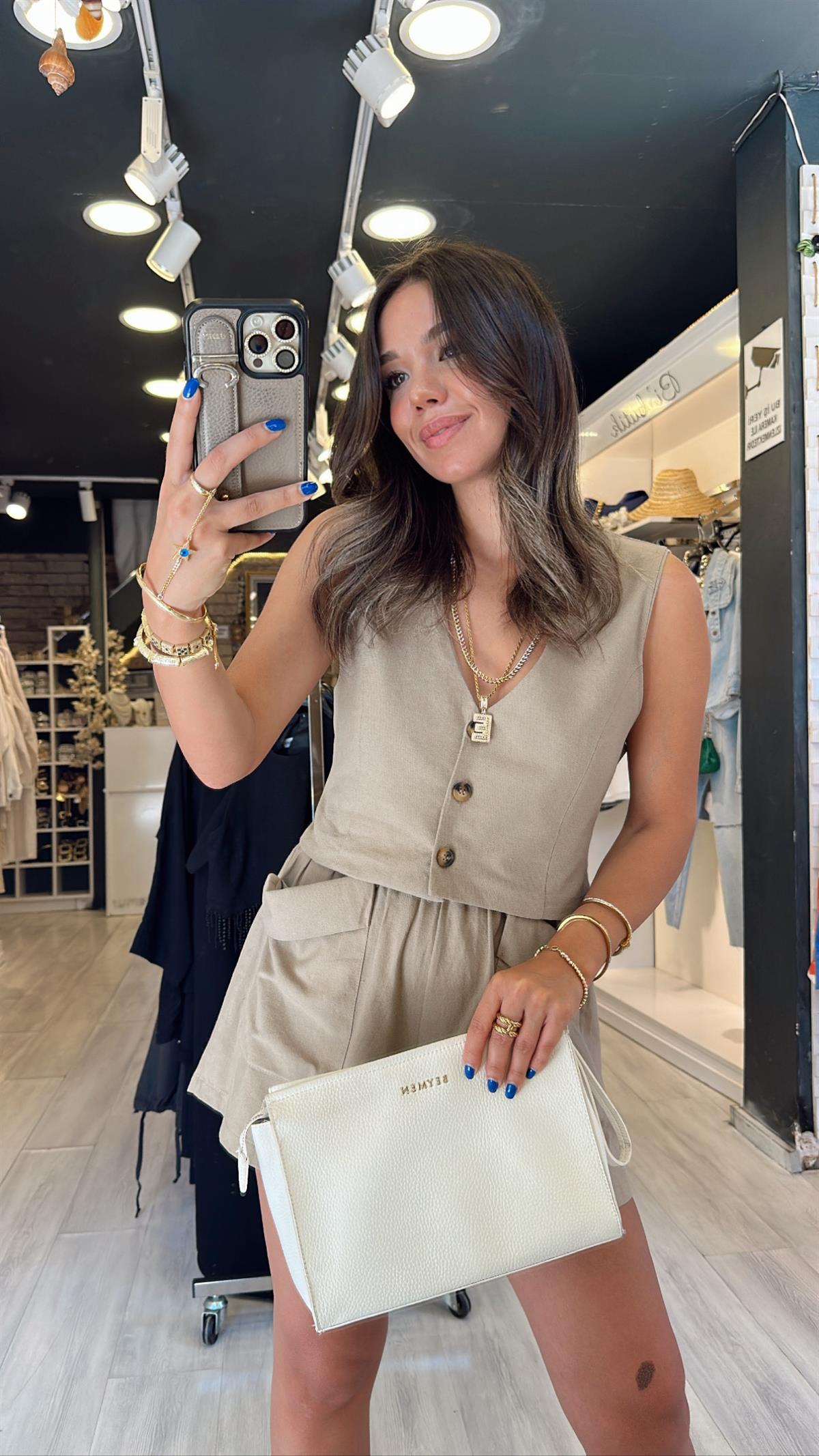 Vizon Yelekli Şortlu Keten Takım