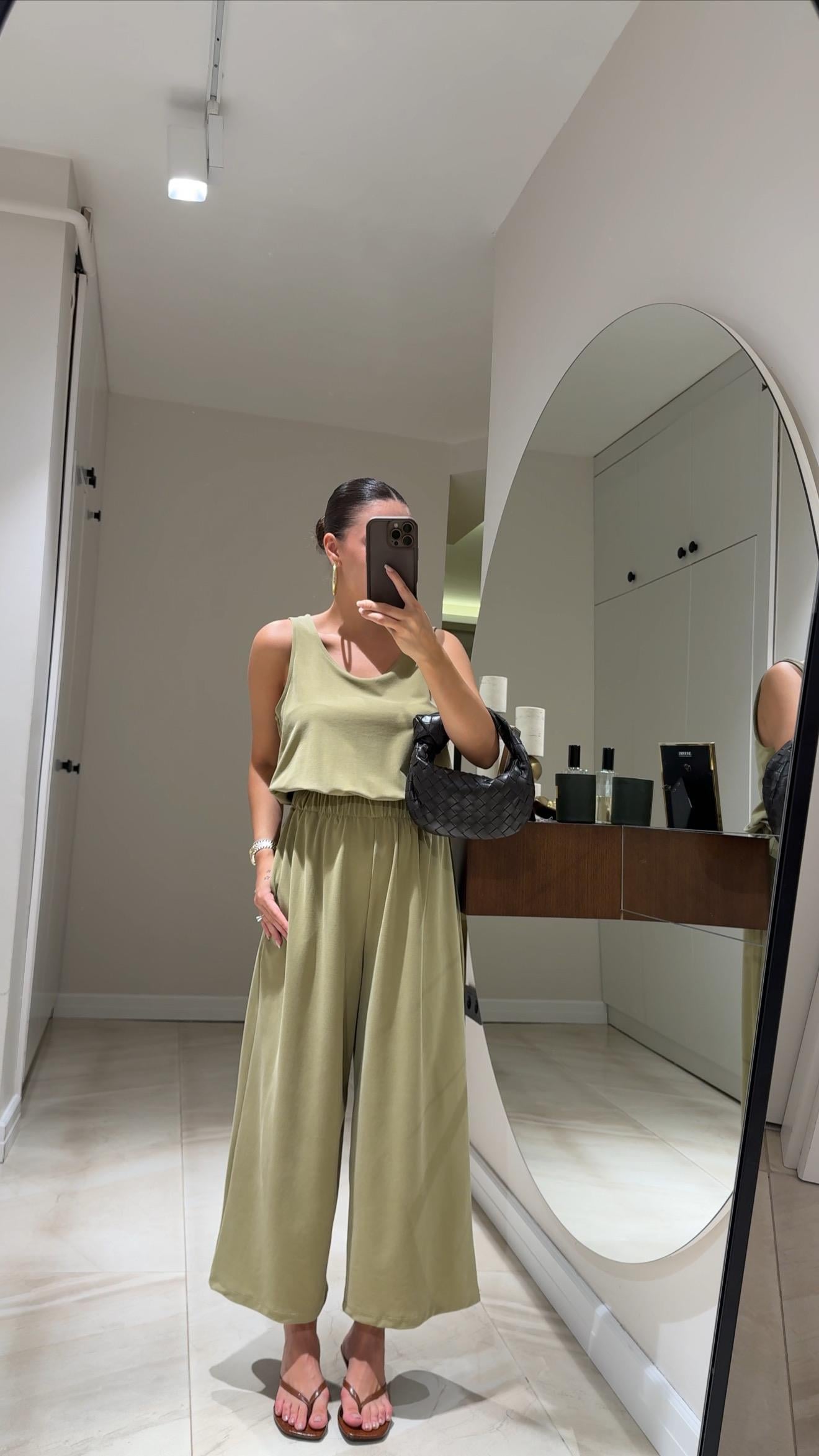 Yağ Yeşili Kalın Askılı Modal Tulum