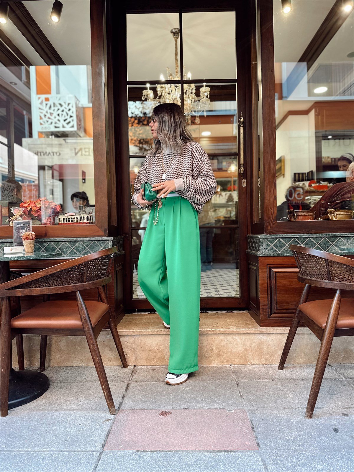 Yeşil Beli Lastikli Krep Kumaş Palazzo Pantolon