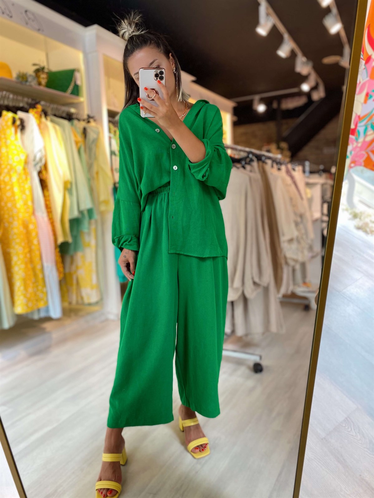 Yeşil Beli Lastikli Şalvar Pantolon