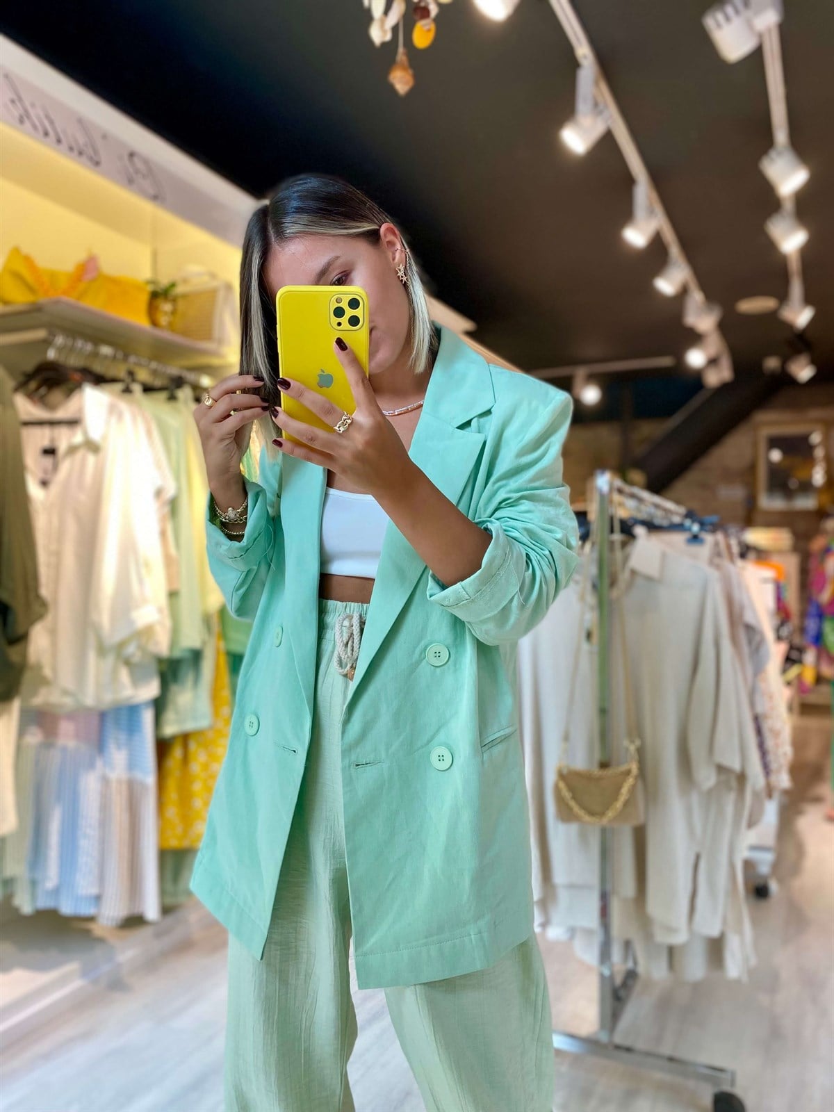 Yeşil Cepli Blazer Keten Ceket