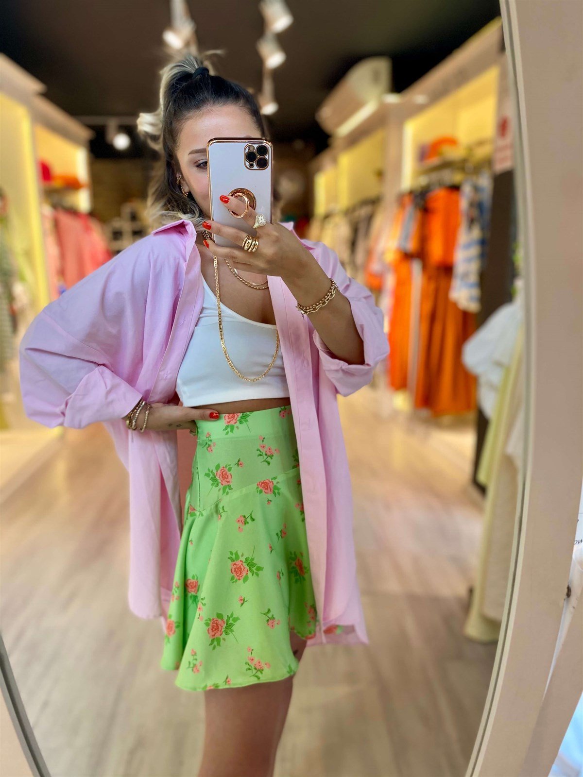 Yeşil Çicekli Saten Şort Etek