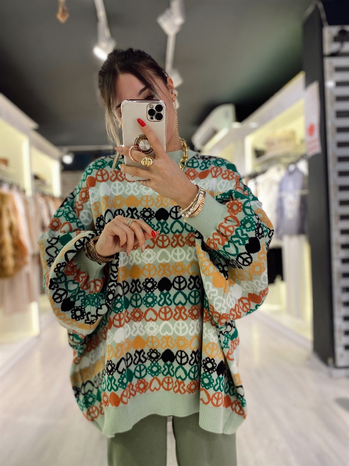 Yeşil Desenli Oversize Kazak 