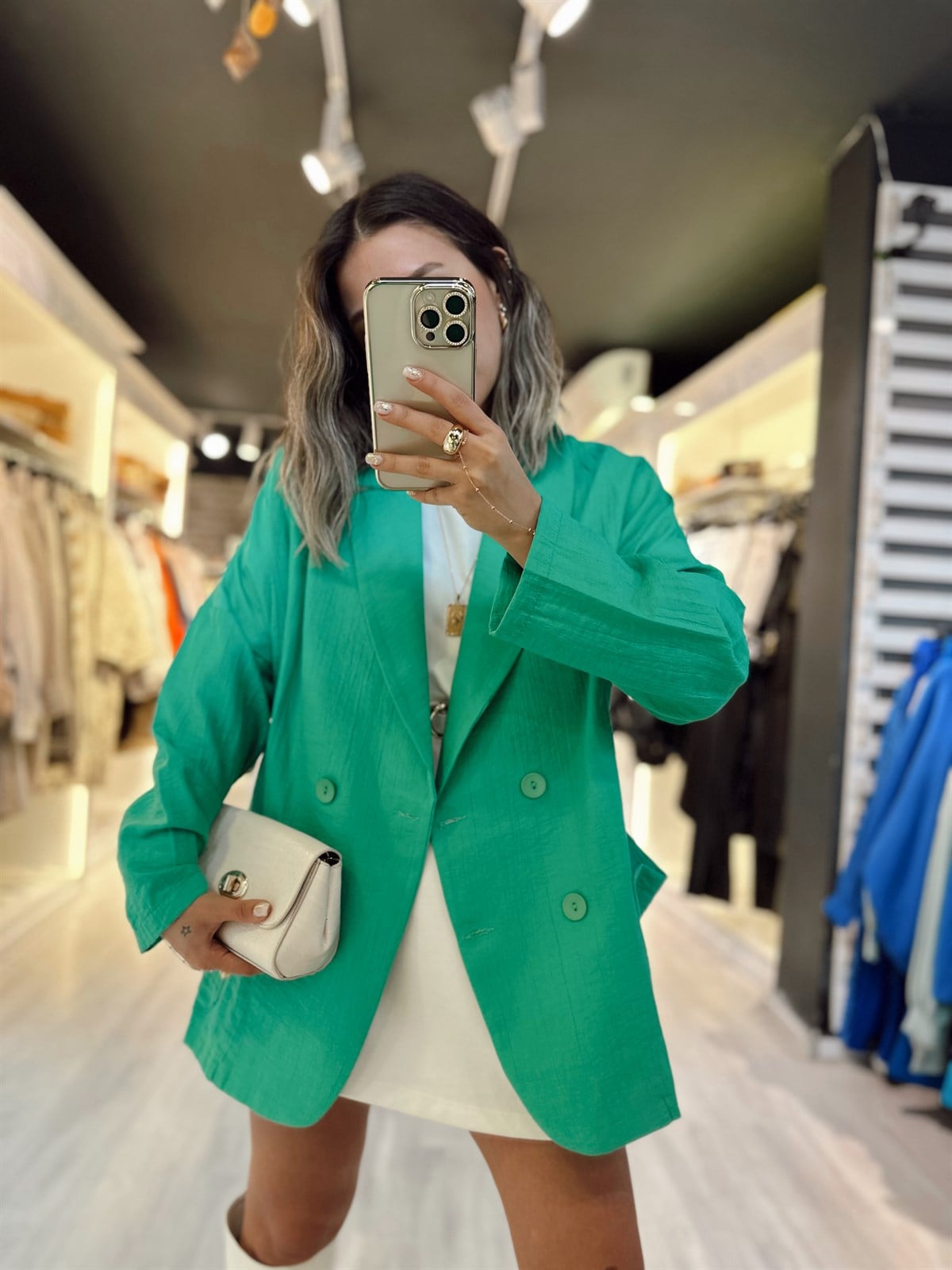 Yeşil Düğme Detaylı Şal Yaka Ceket 