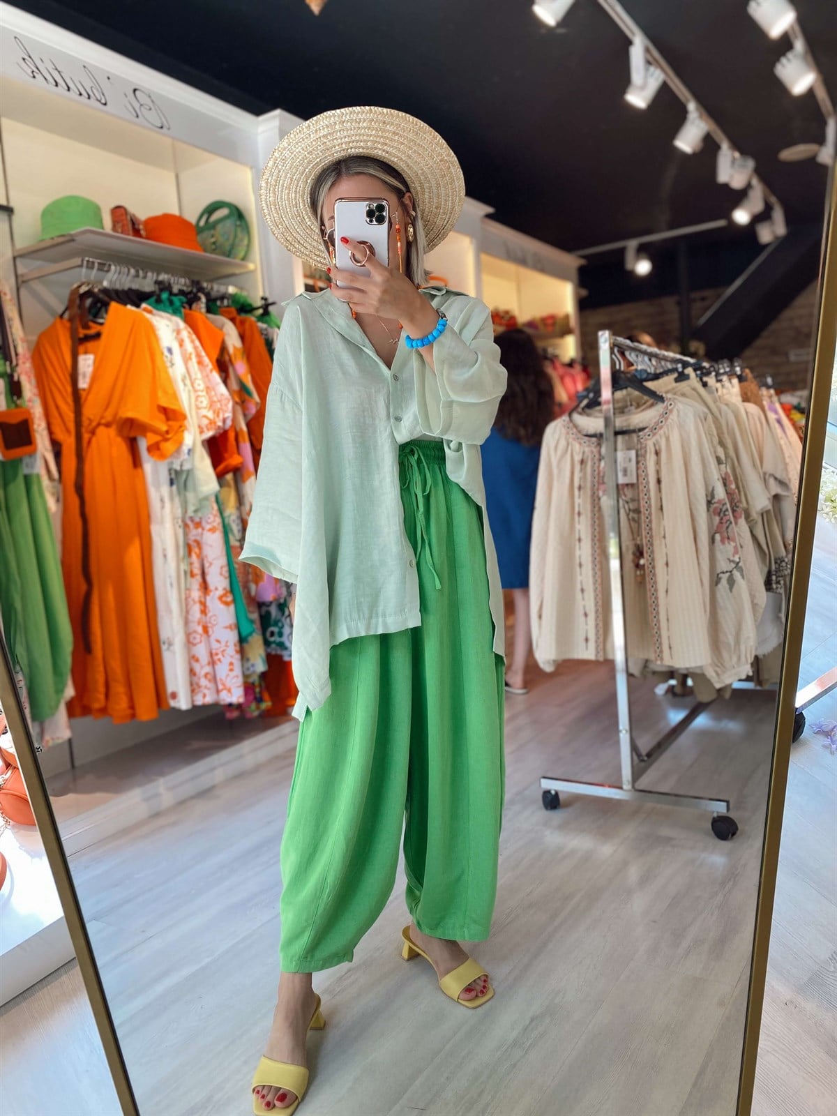 Yeşil Keten Şalvar Pantolon