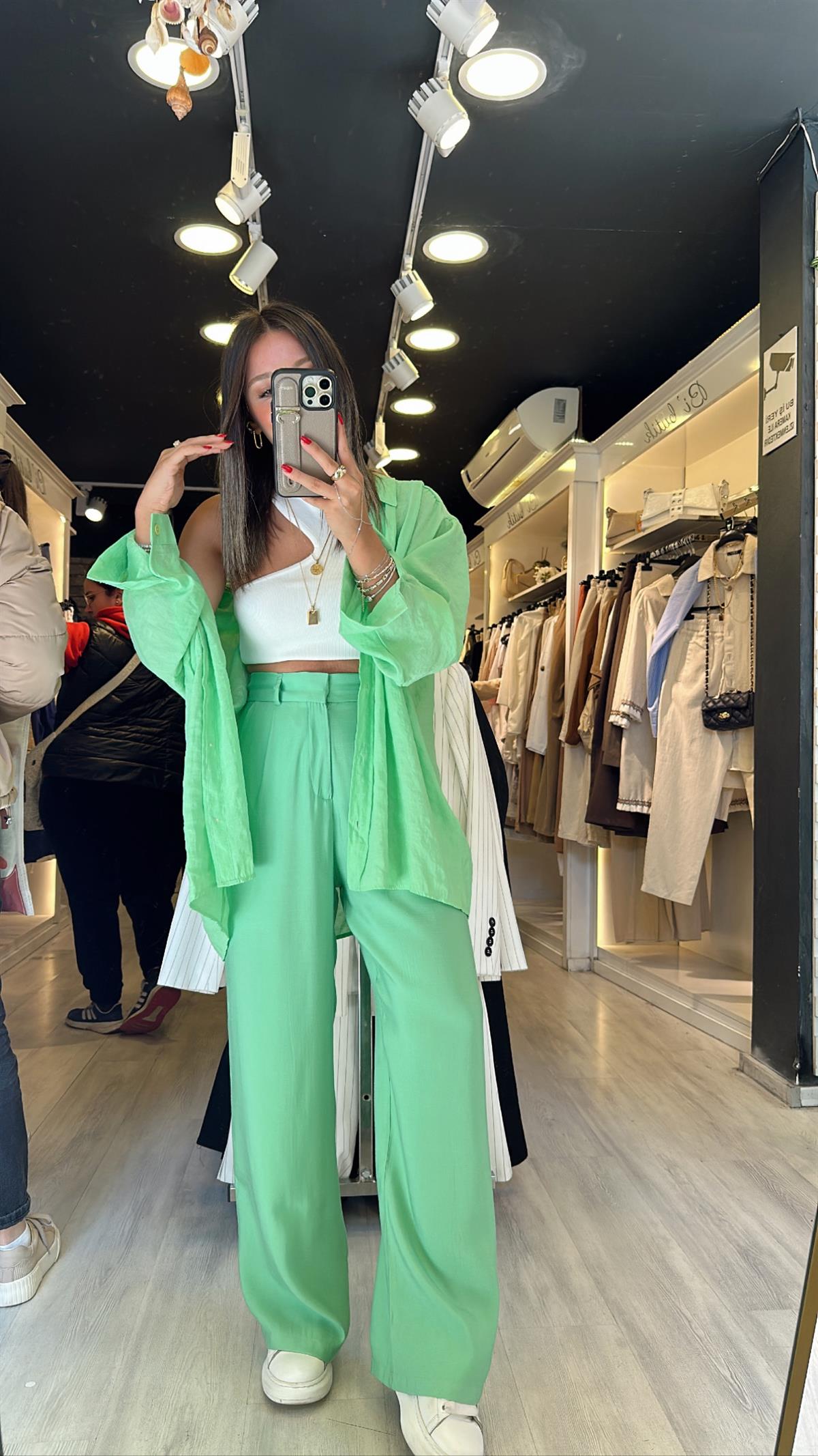 Yeşil Maskülen Keten Bol Paça Pantolon