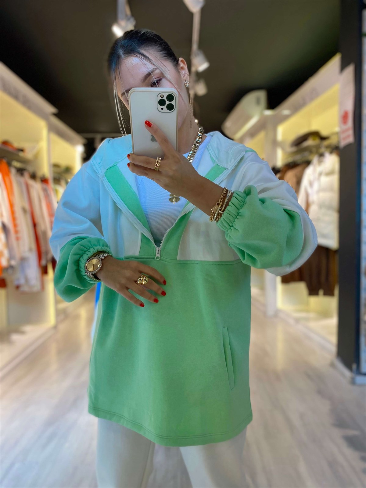 Yeşil Önü Fermuarlı Şardonlu Sweat