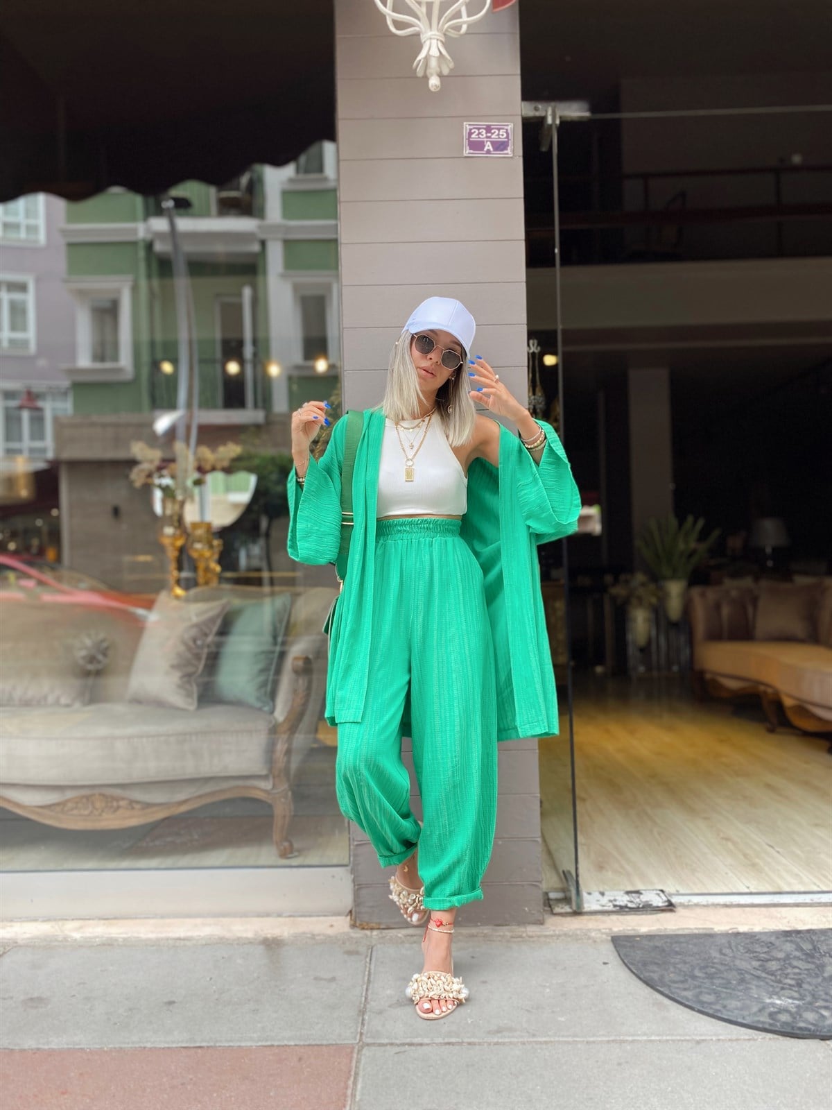 Yeşil Renk Gofreli Kimono Takım