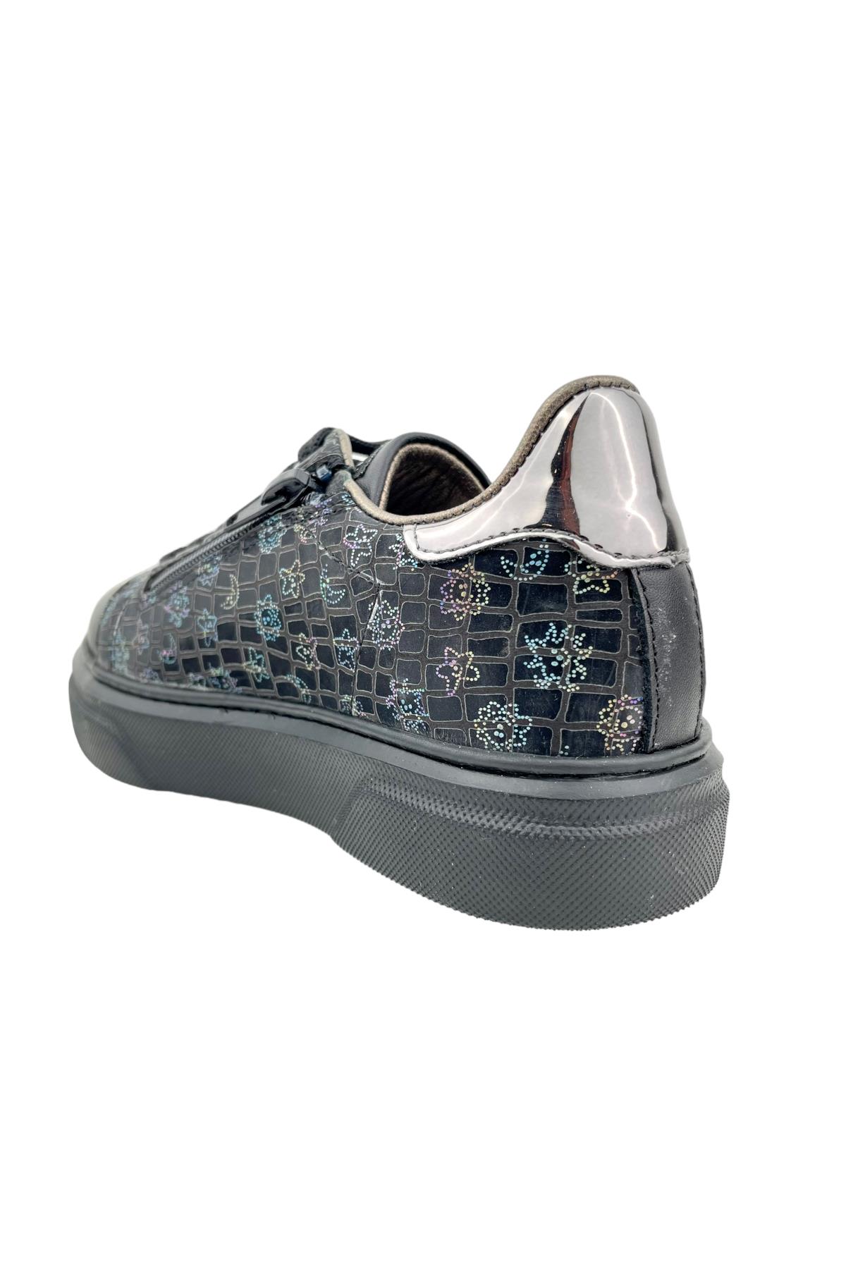 Bağcıklı ve Yandan Fermuarlı Hakiki Deri Okul Ayak Siyah