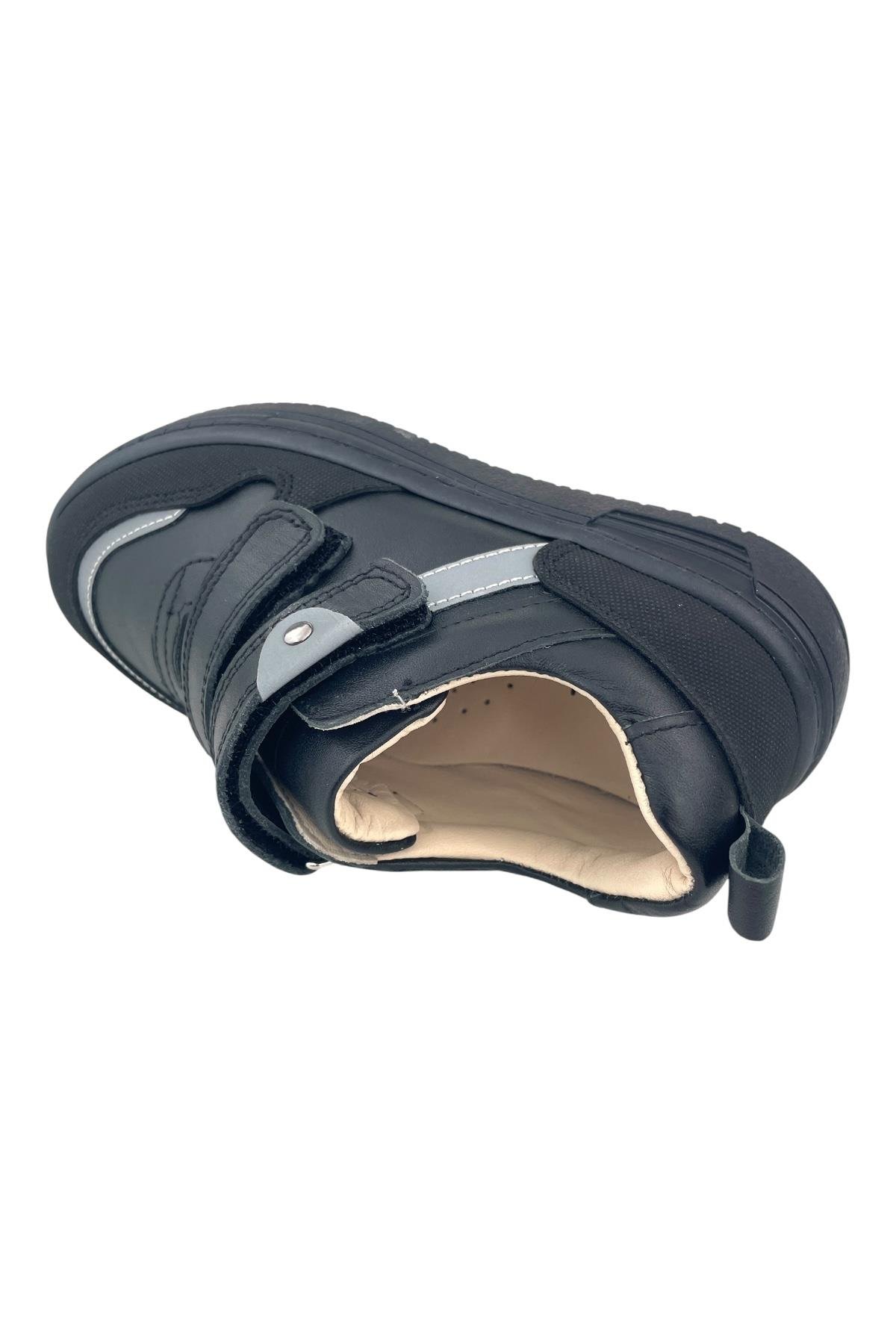 Çocuk Siyah Deri Gri Şeritli Okul Ayakkabısı Siyah