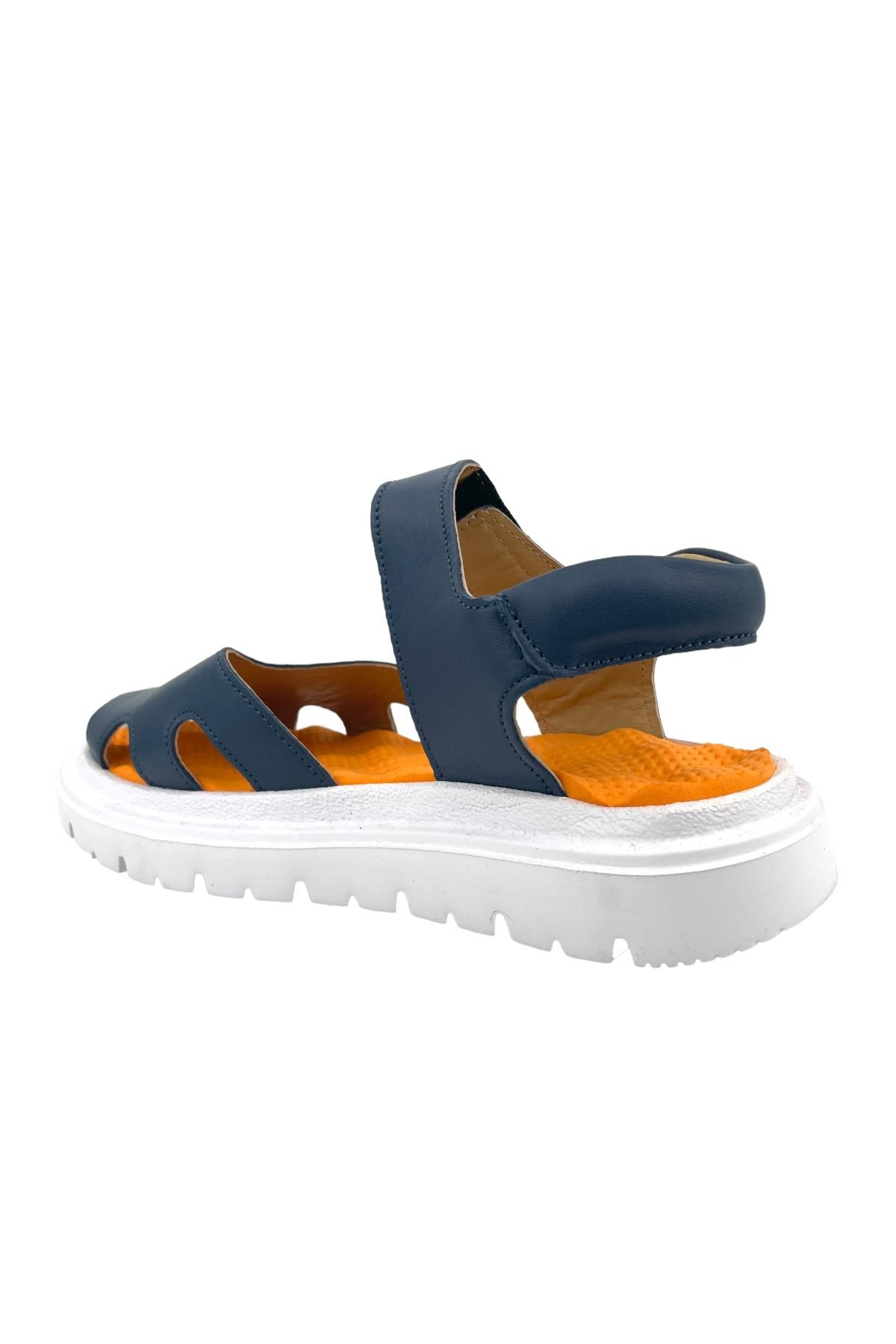 Retro Kız Çocuk Deri Sandalet Lacivert