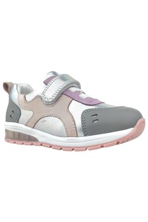Deri ve Ortopedik Destekli Kız Çocuk Işıklı Ayakkabı Gri-Pudra