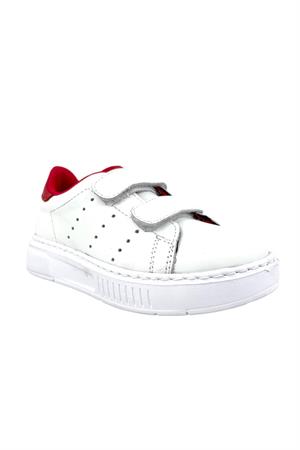 Üç Cırtlı Hakiki Deri Ortopedik Destekli Ayakkabı Beyaz-Kırmızı