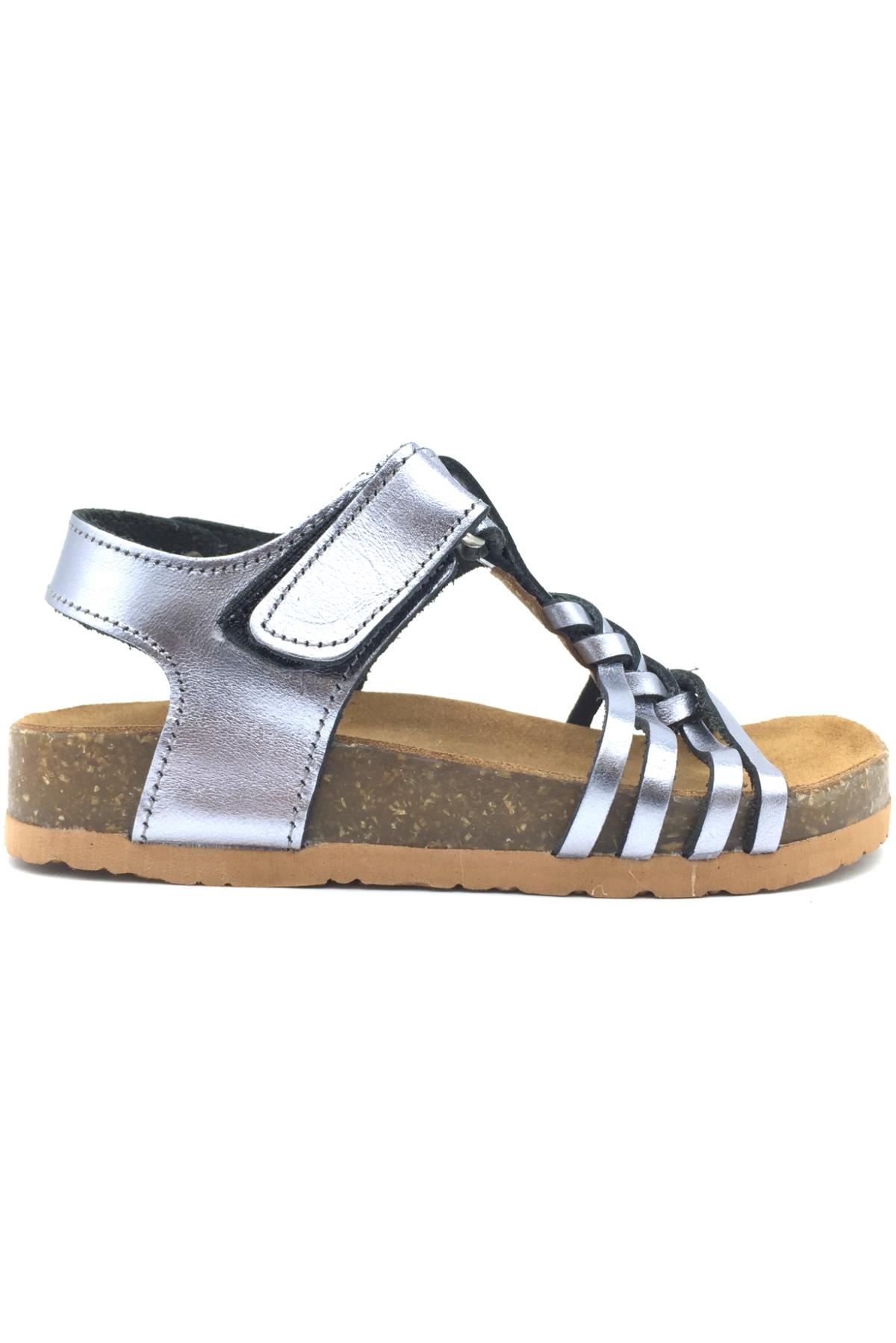 Mantar Taban Deri Örgülü Kız Sandalet Platin