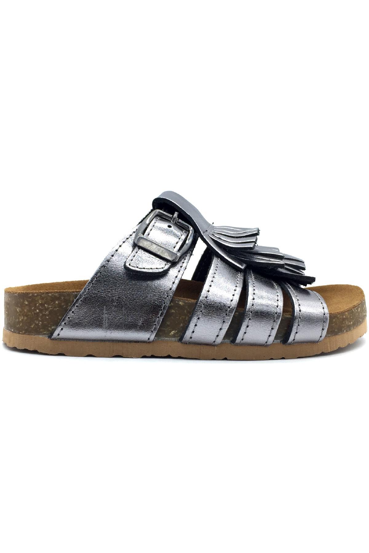 Mantar Taban Püsküllü Deri Terlik Platin