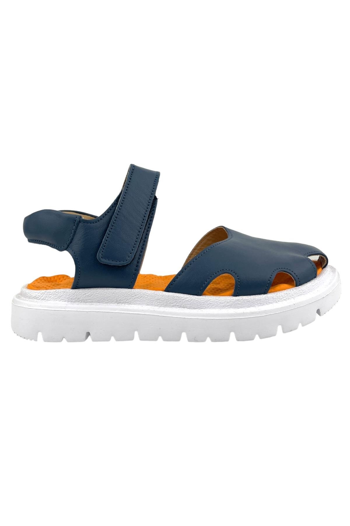 Retro Kız Çocuk Deri Sandalet Lacivert