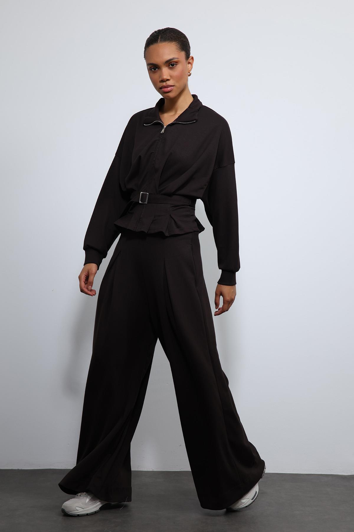 Antioch Acı Kahve Bel Kemerli Geniş Paça Pantolonlu Takım