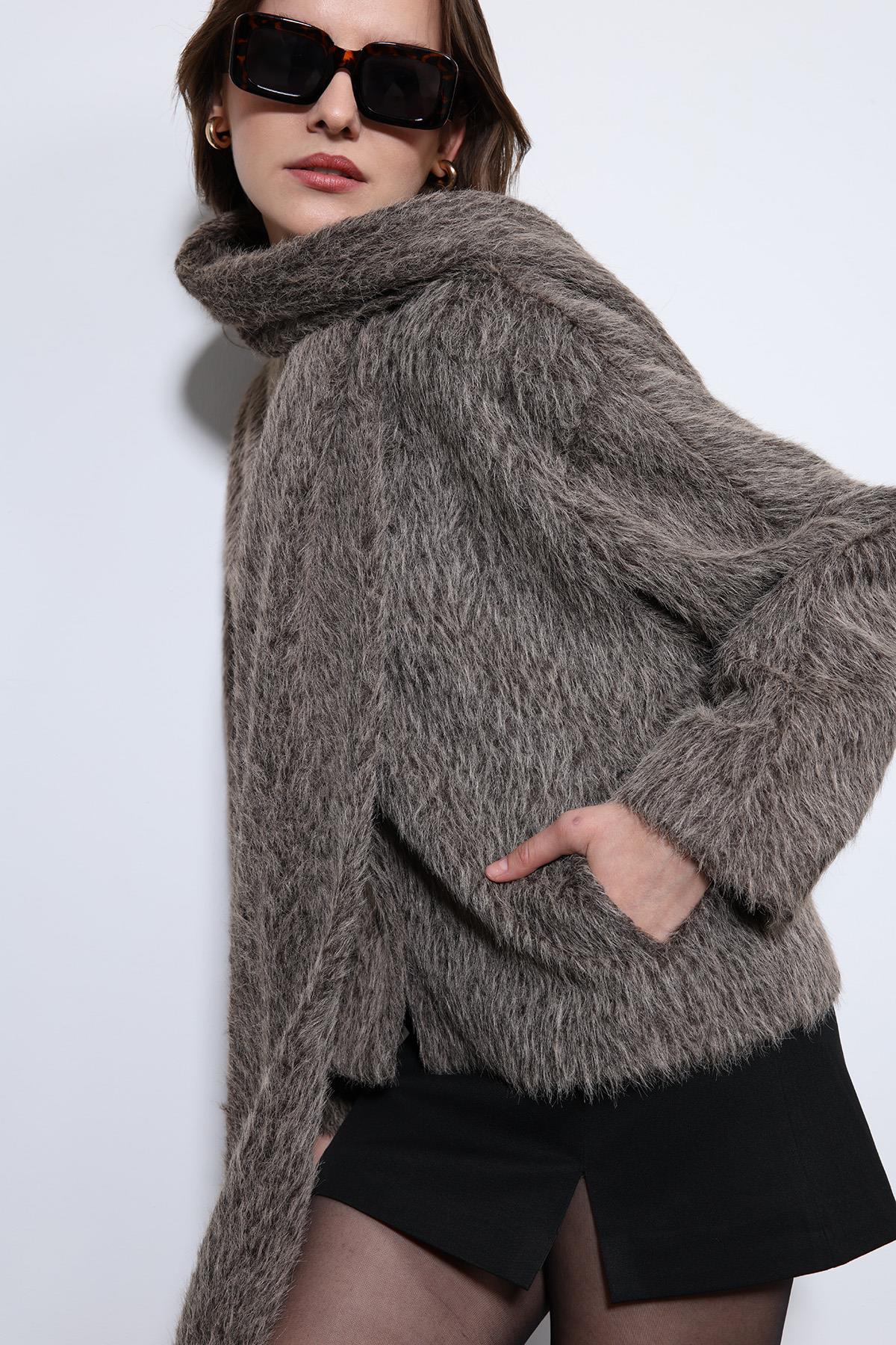 Antioch Açık Kahve Atkı Yaka Suni Kürklü Kaban