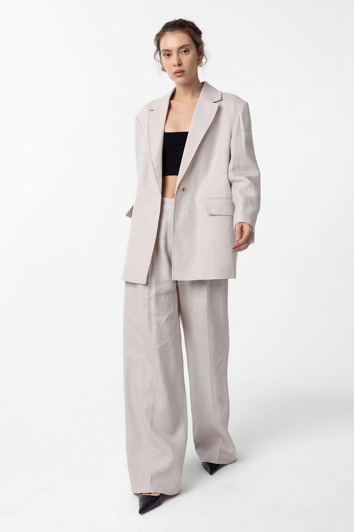 Antioch Bej 100% Keten Kadın Blazer Ceket