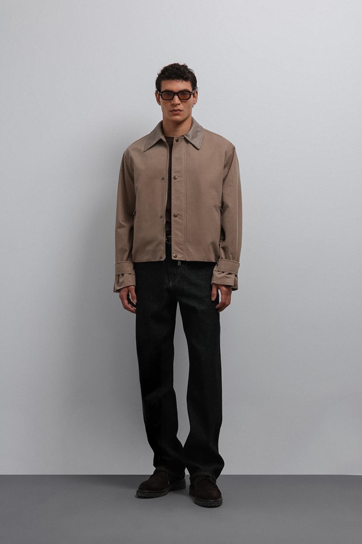 Antioch Bej Kontrast Yaka Teknik Erkek Mont