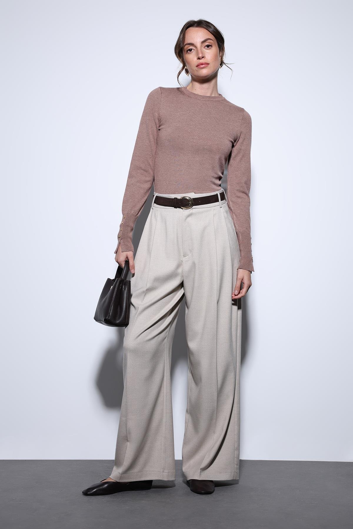 Antioch Bej Pileli Palazzo Kadın Pantolon