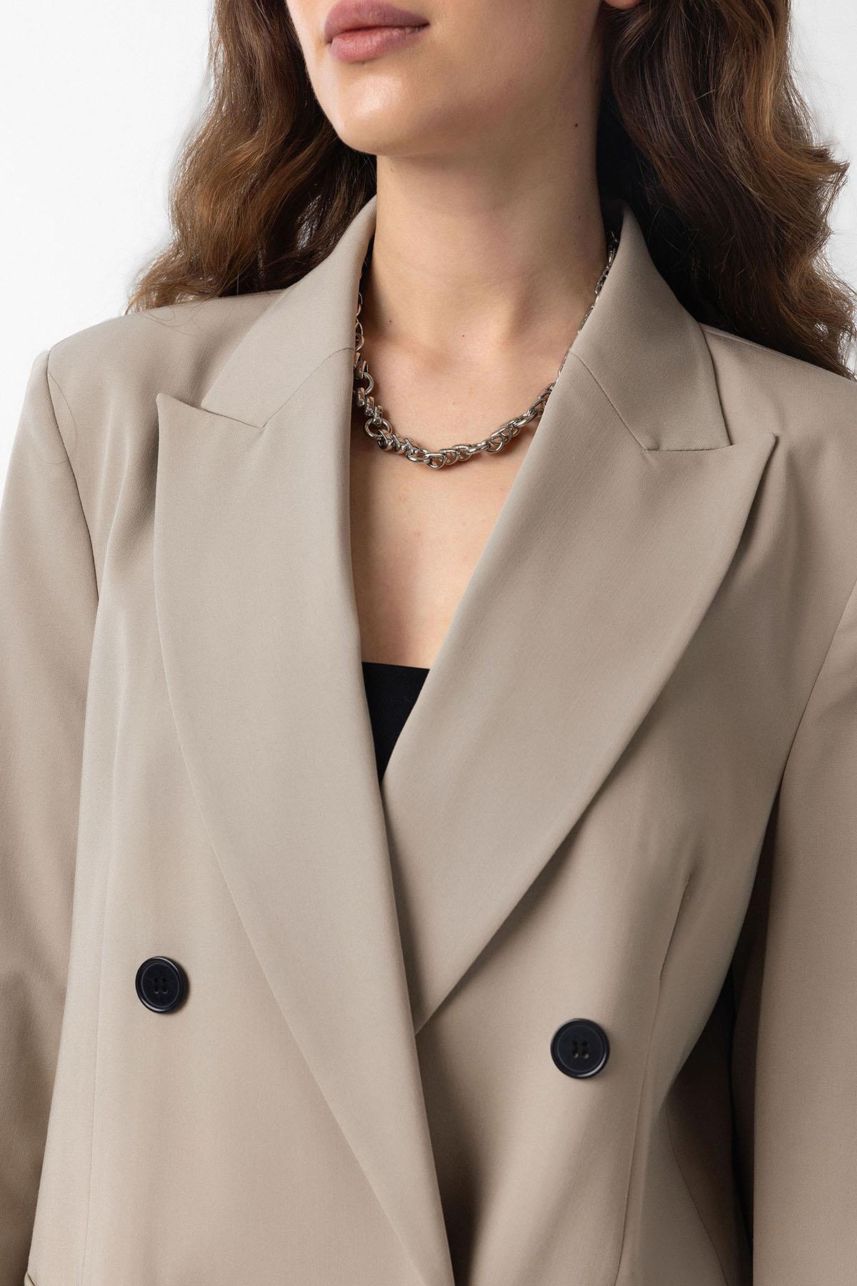 Antioch Bej Regular Fit Kruvaze Kadın Blazer Ceket