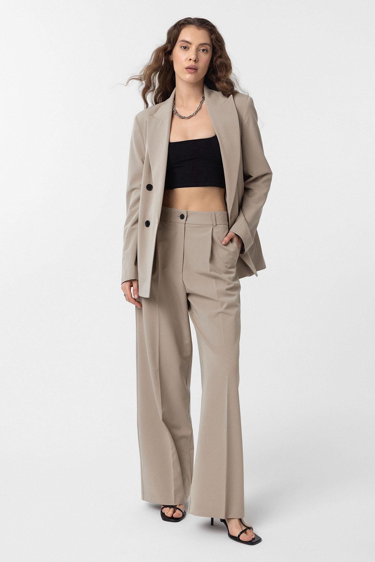 Antioch Bej Regular Fit Kruvaze Kadın Blazer Ceket