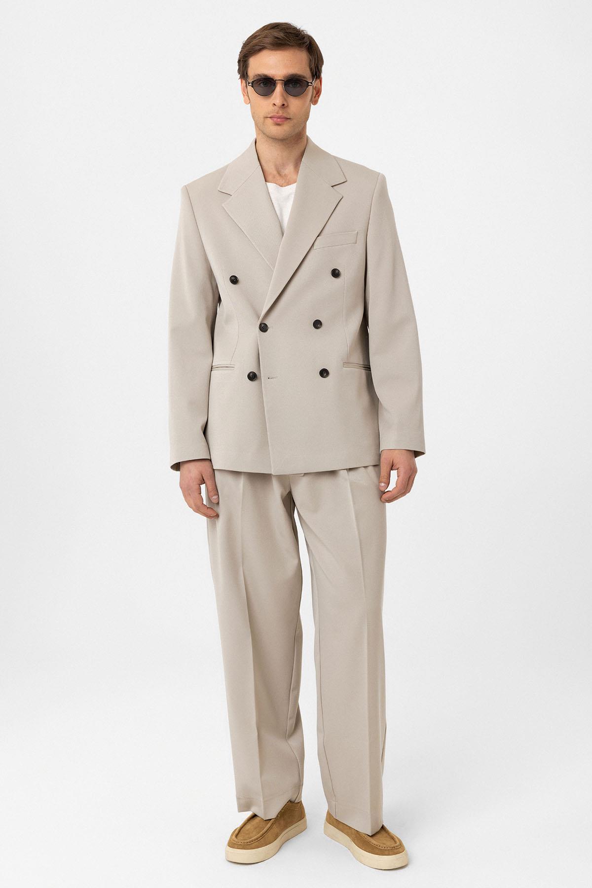 Antioch Bej Relax Fit Kruvaze Erkek Blazer Ceket